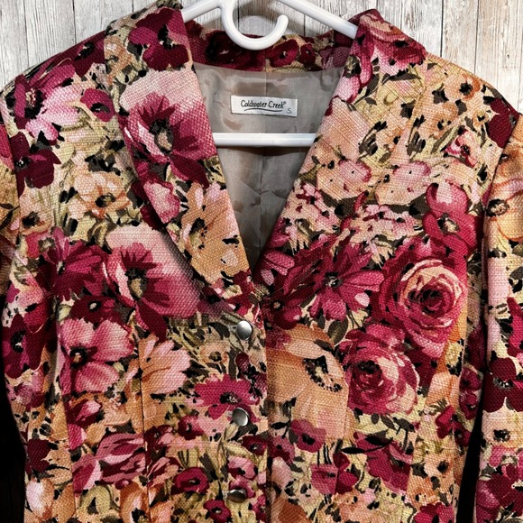 Coldwater Creek Floral Tweed Blazer Jacket Tan Orange Berry Floral Fall Colors M - Picture 2 of 4